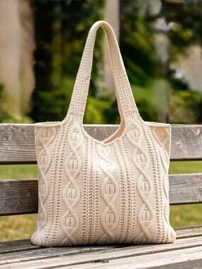 Cream Cable Knit Tote Bag - Classic Handbag